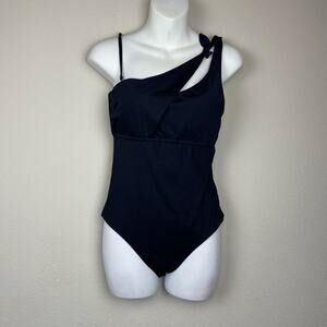 BECCA Black Asymmetrical Neckline One-Piece Swimsuit Sz M Open‎ Tie Back Beach